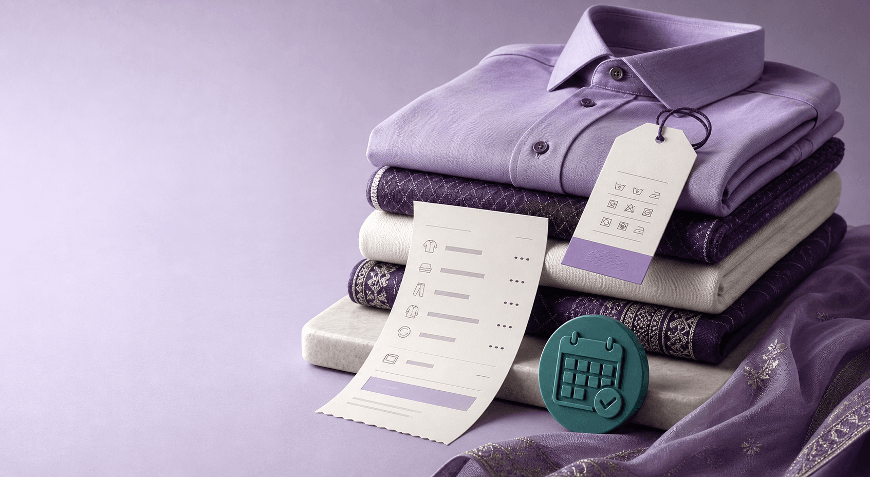 Folded garments with a care tag, estimate sheet, and pickup confirmation token