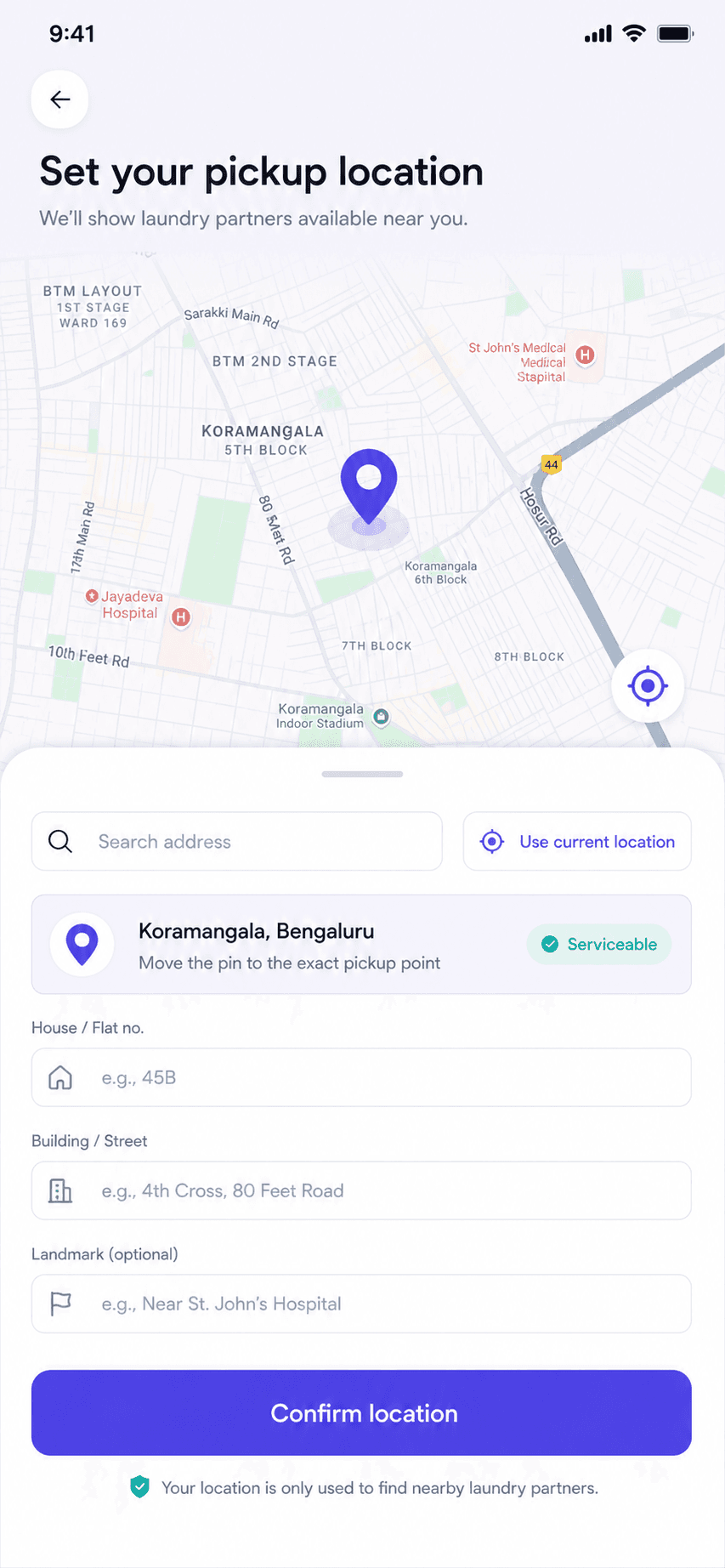 Set your pickup location screen