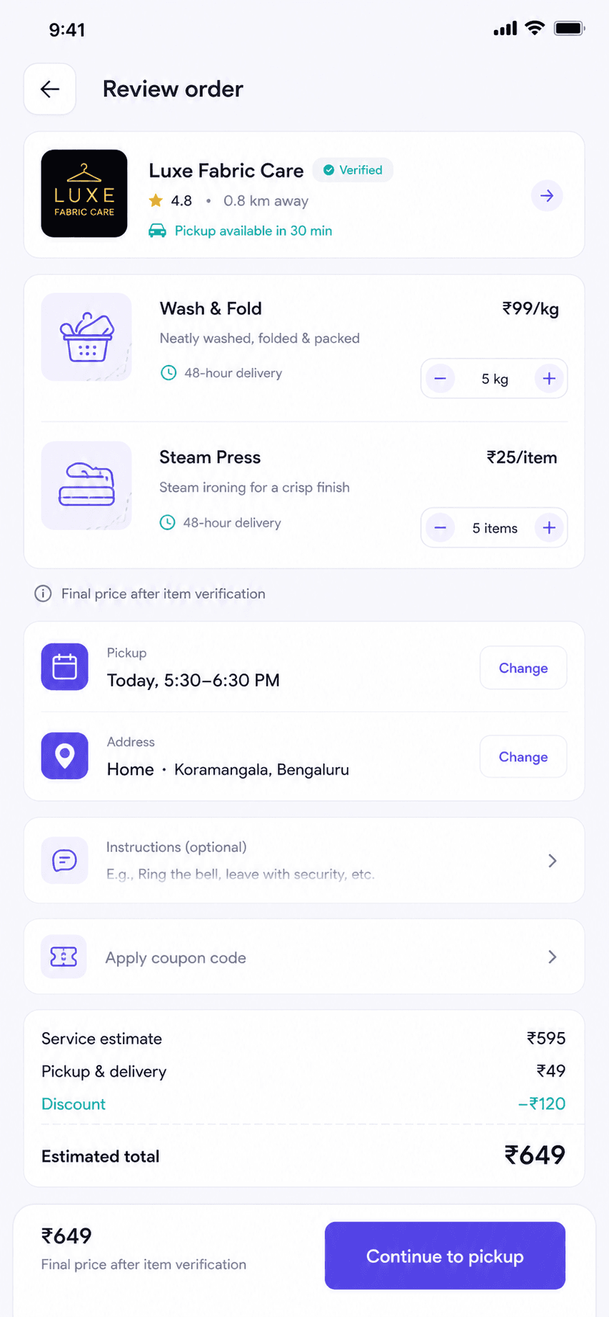 Review order screen