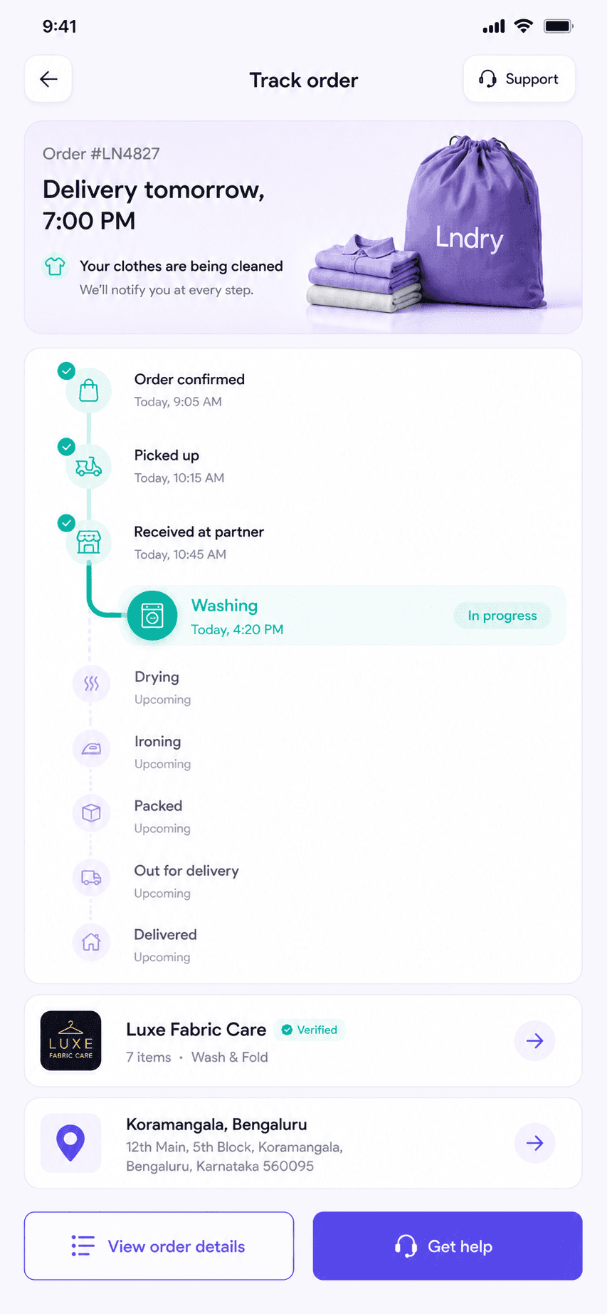 LNDRY app showing an order currently being cleaned