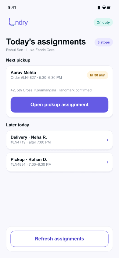 LNDRY rider app showing pickup and delivery assignments