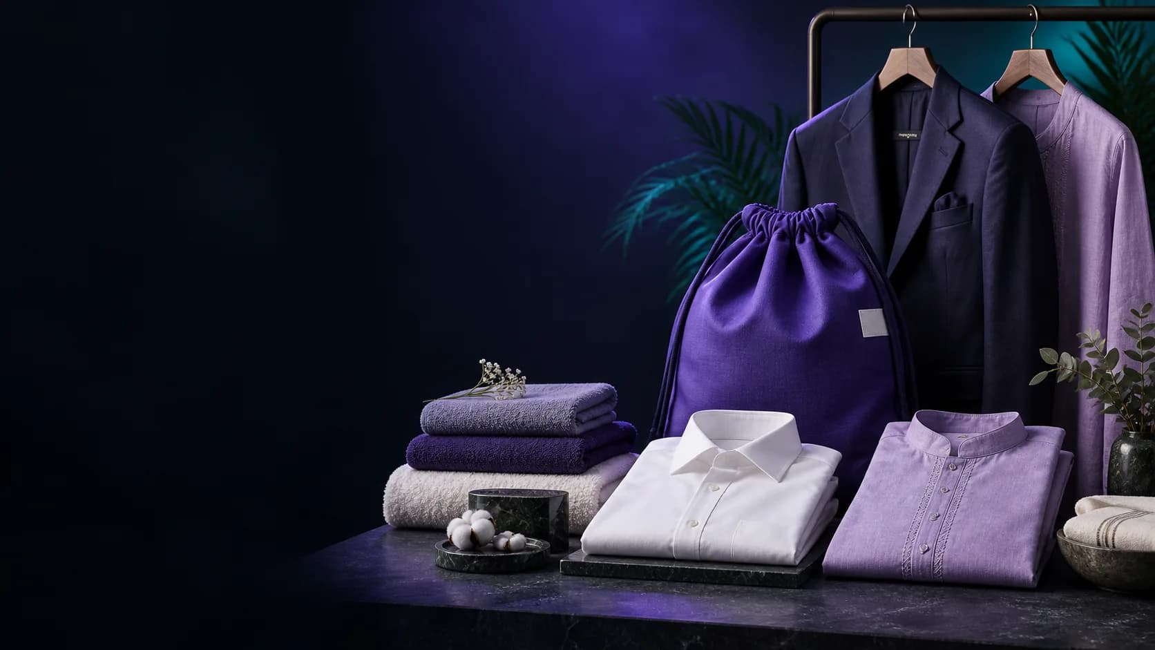 LNDRY garment-care campaign collection with pressed shirts, kurta, blazer, and folded textiles