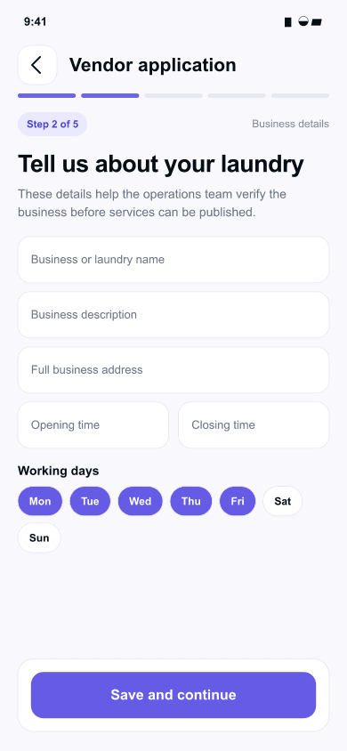 LNDRY vendor application screen