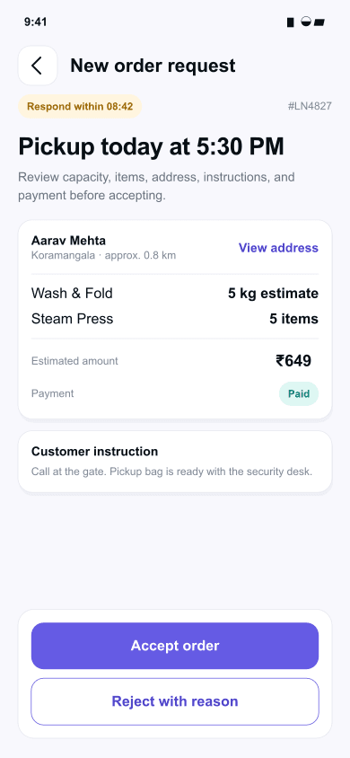 LNDRY vendor app showing a new order request