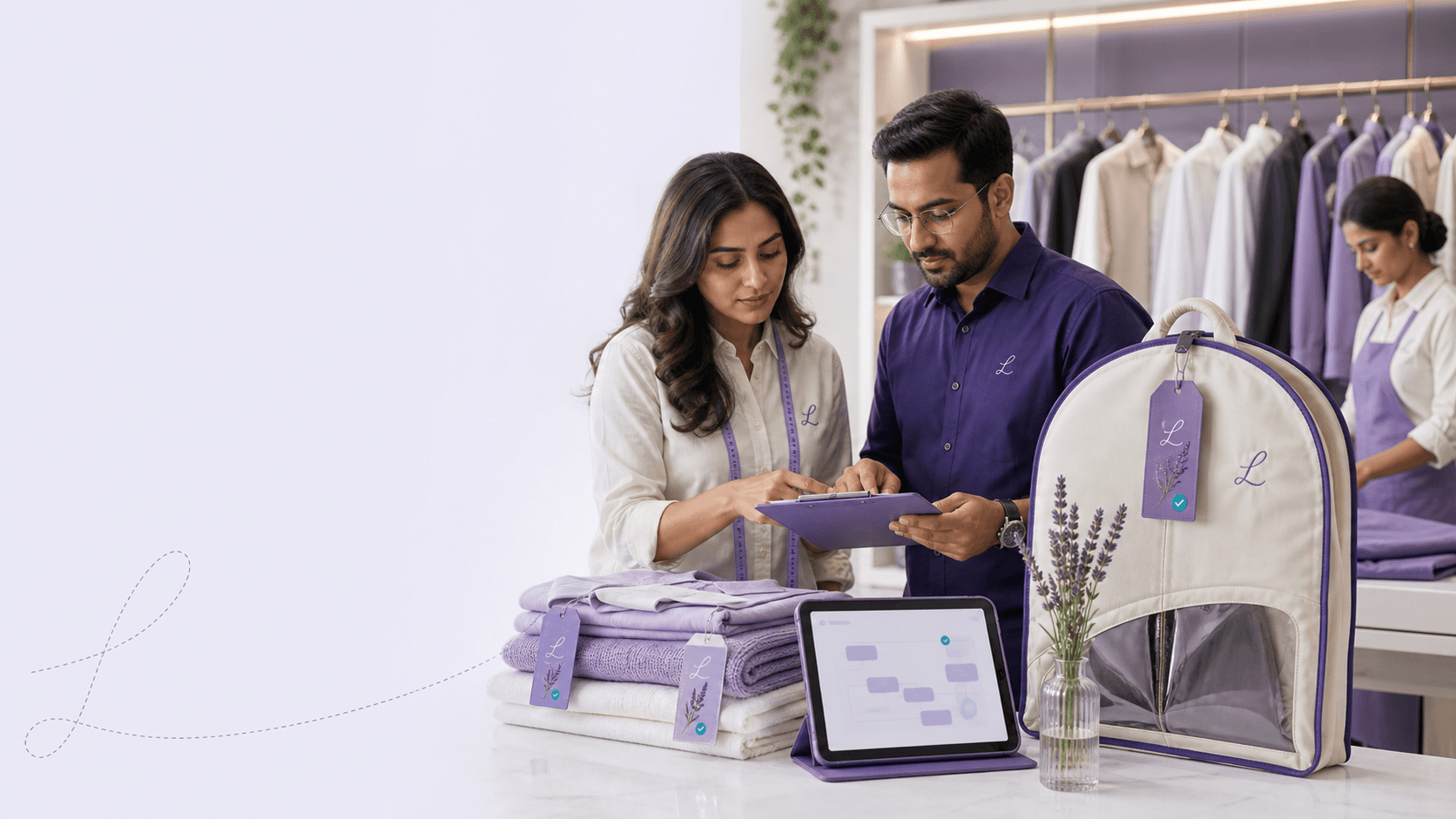 Garment-care professionals reviewing a customer order in a LNDRY partner studio