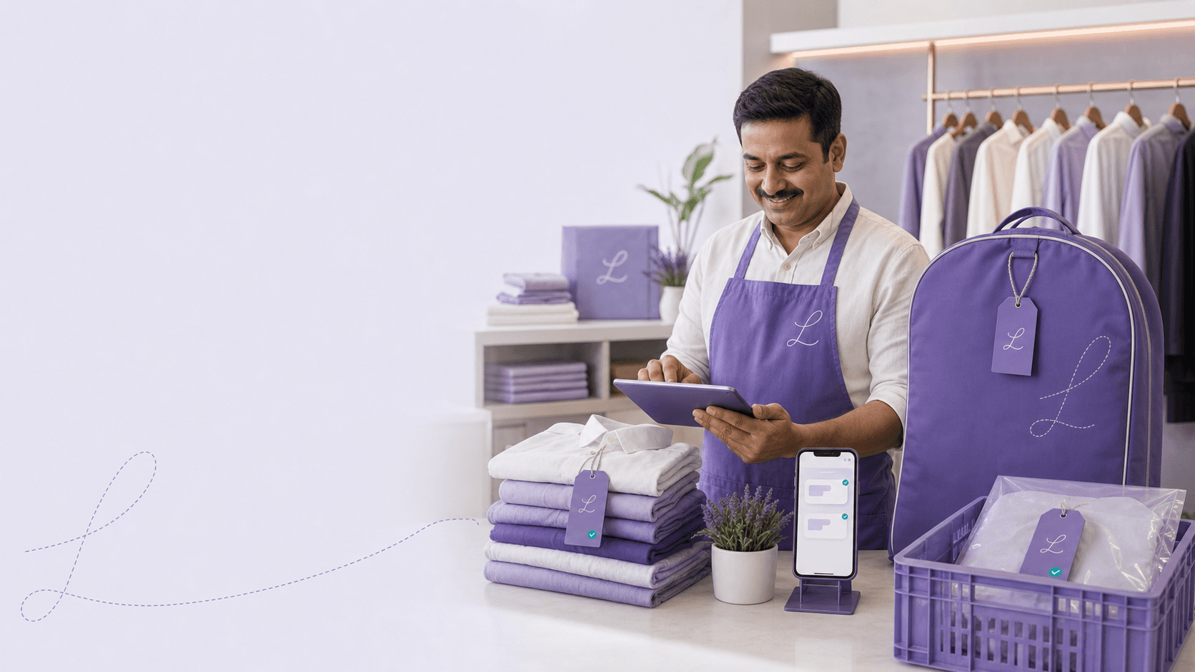 LNDRY partner receiving digital orders in a clean laundry studio