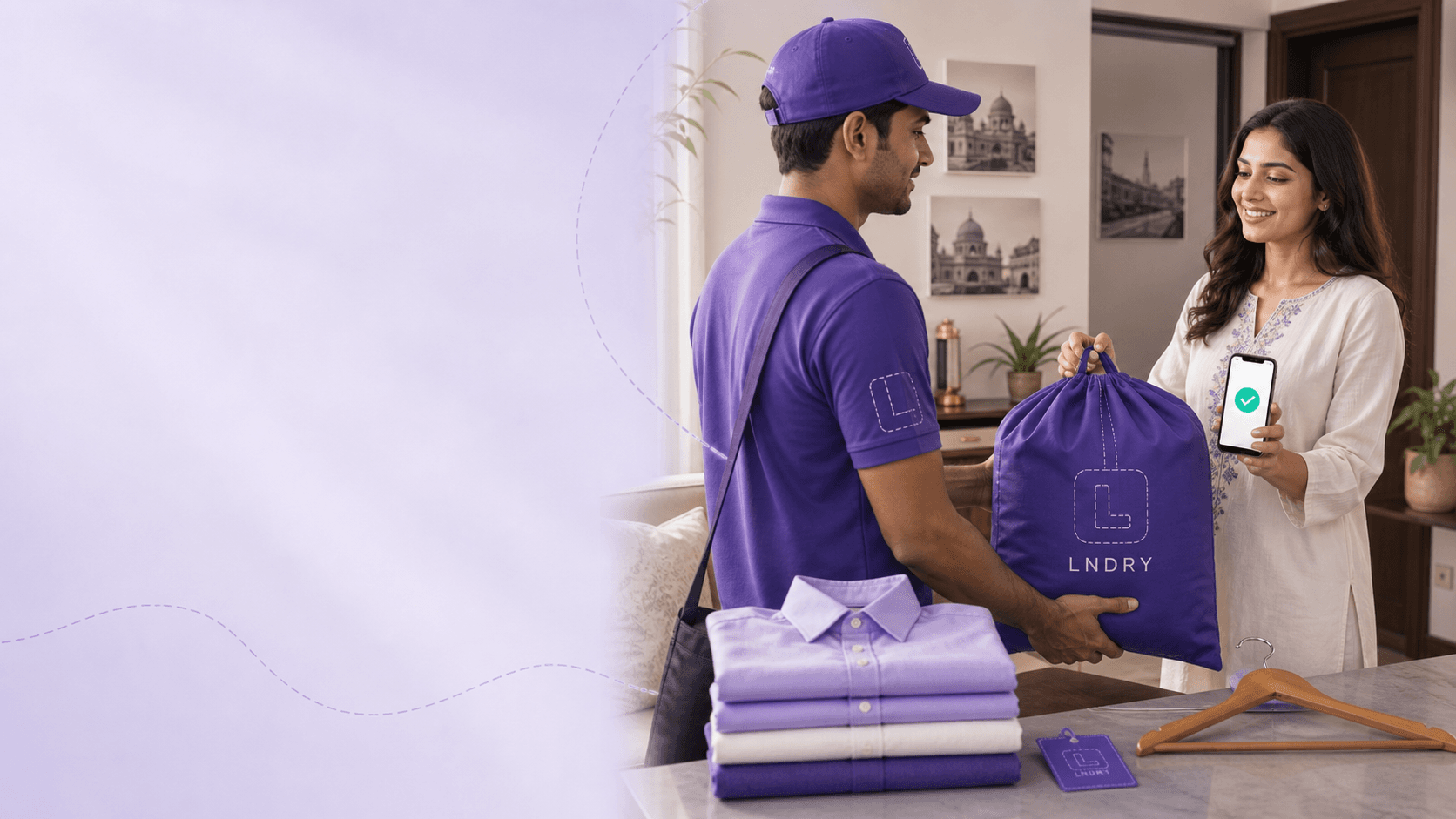 An LNDRY delivery partner completing a verified handover with a customer at their door