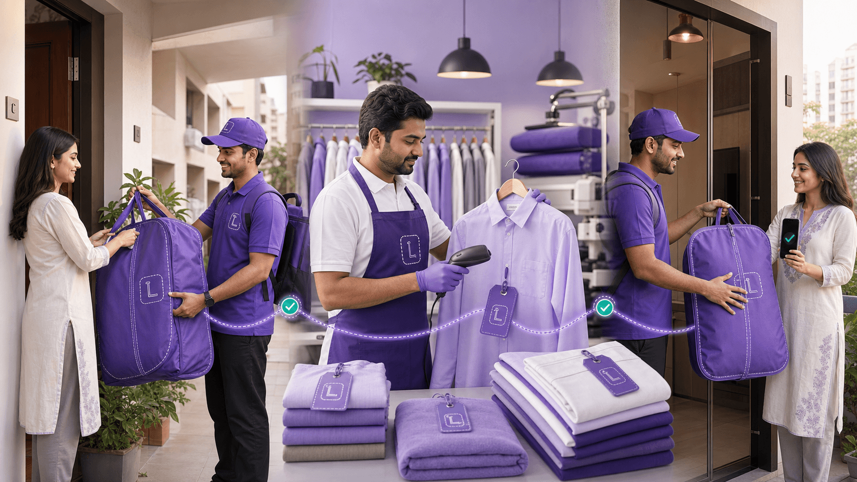 A chain of LNDRY partners handing off a garment bag along the careline, door to door