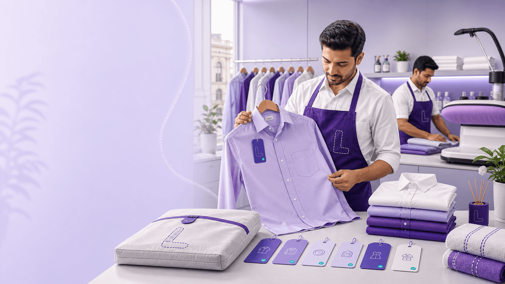 An LNDRY partner inspecting a freshly pressed shirt at a specialist care counter